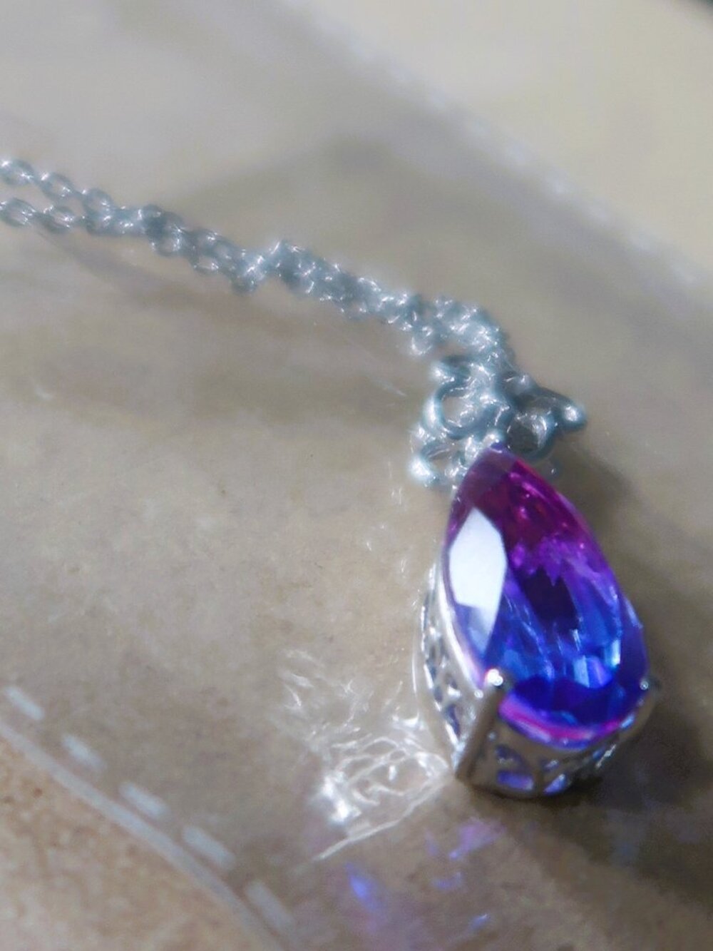 STS 925 Royal Blue and Purple Drama Teardrop Silver Chain Necklace New with Tag
